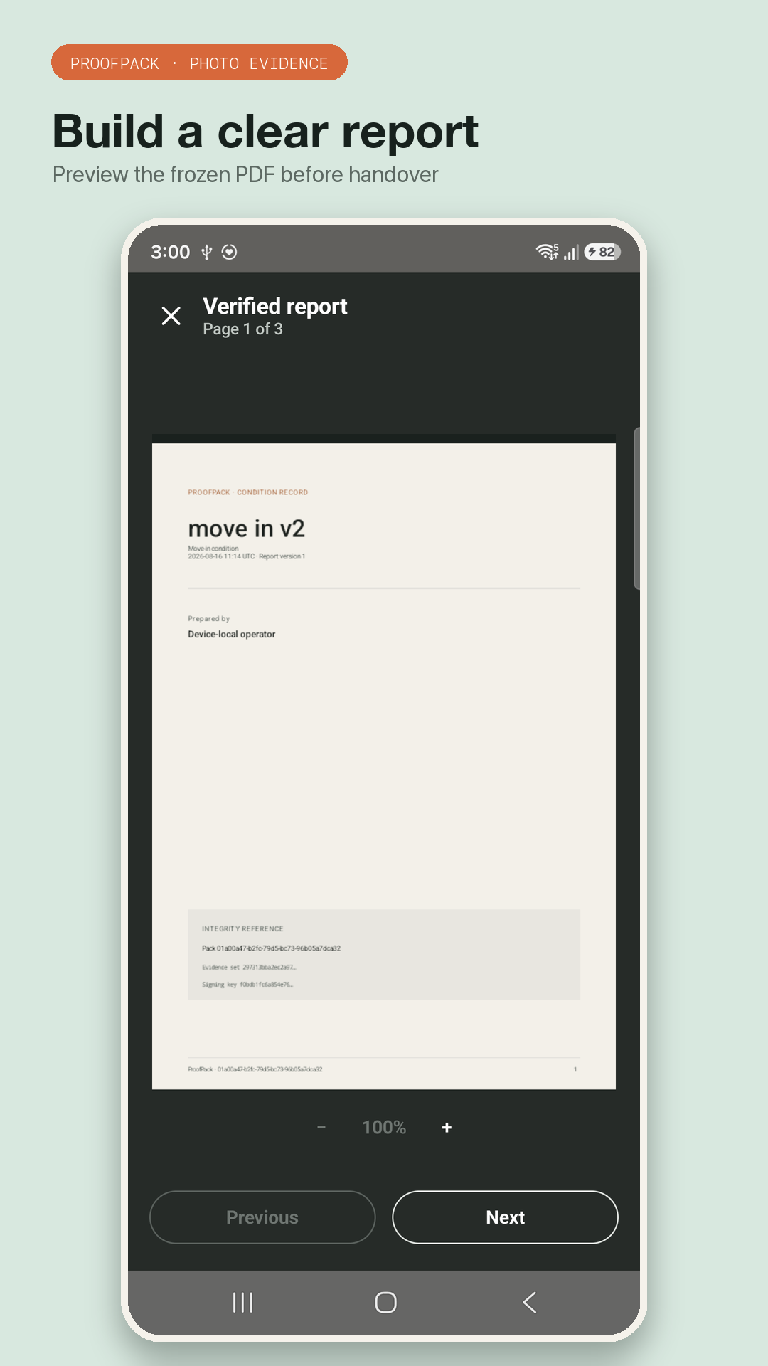 ProofPack report preview screen showing a clear property inspection photo report