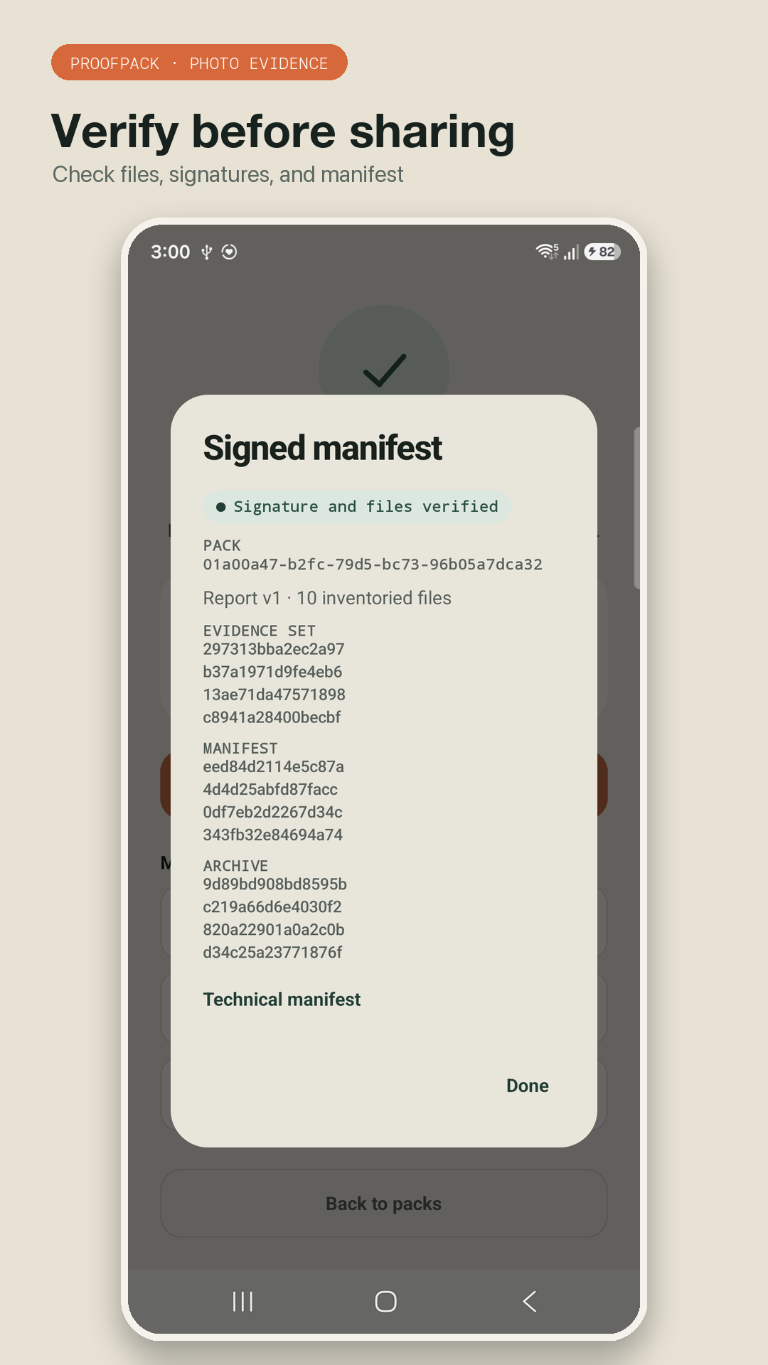 ProofPack verification screen checking originals, signatures, and manifest files