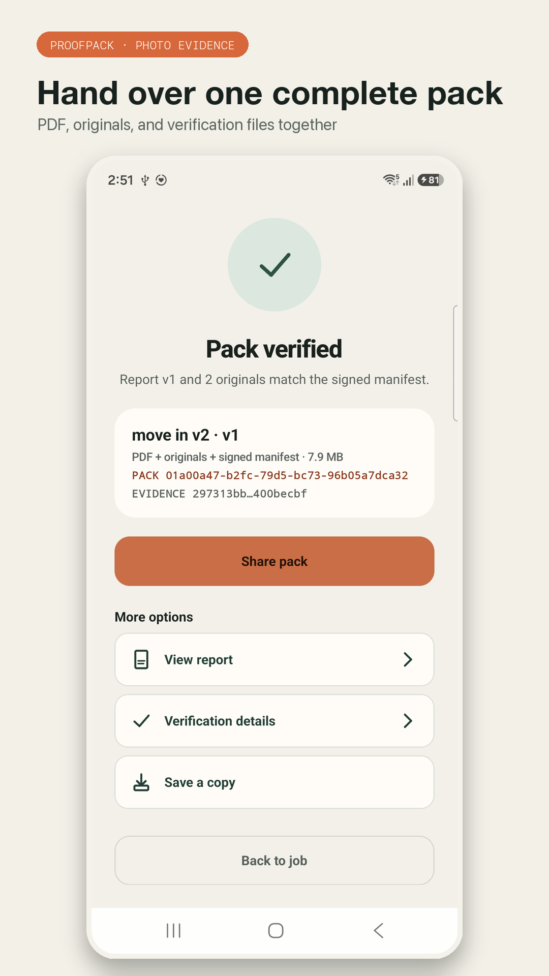 ProofPack verified pack screen with report, originals, verification details, and sharing actions